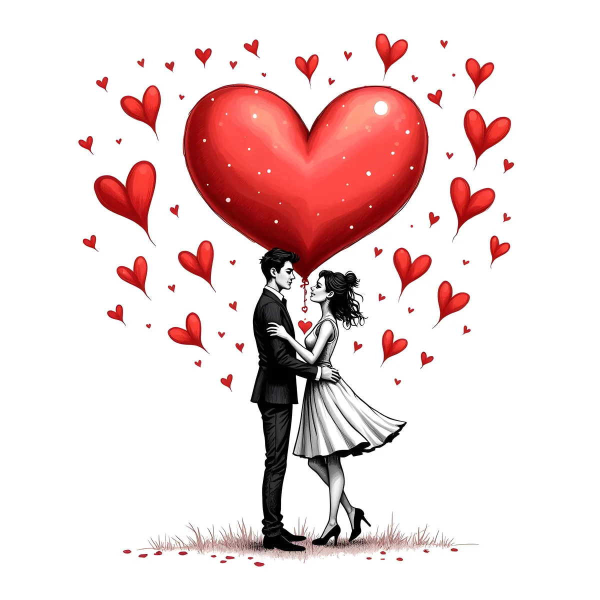Couple in Love Line Art with Red Hearts Wall Art