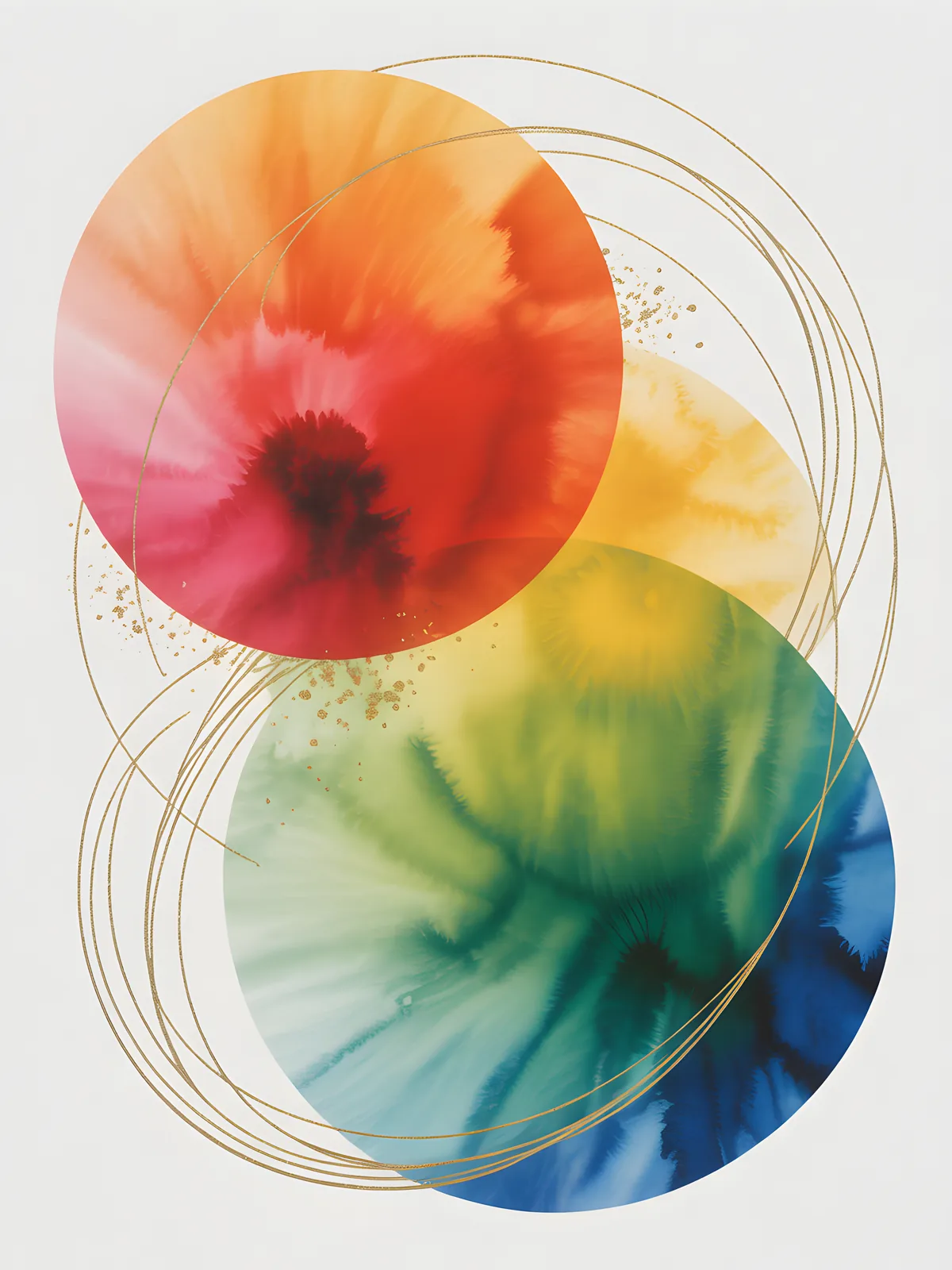 Rainbow Watercolor Circles with Gold Lines Wall Art