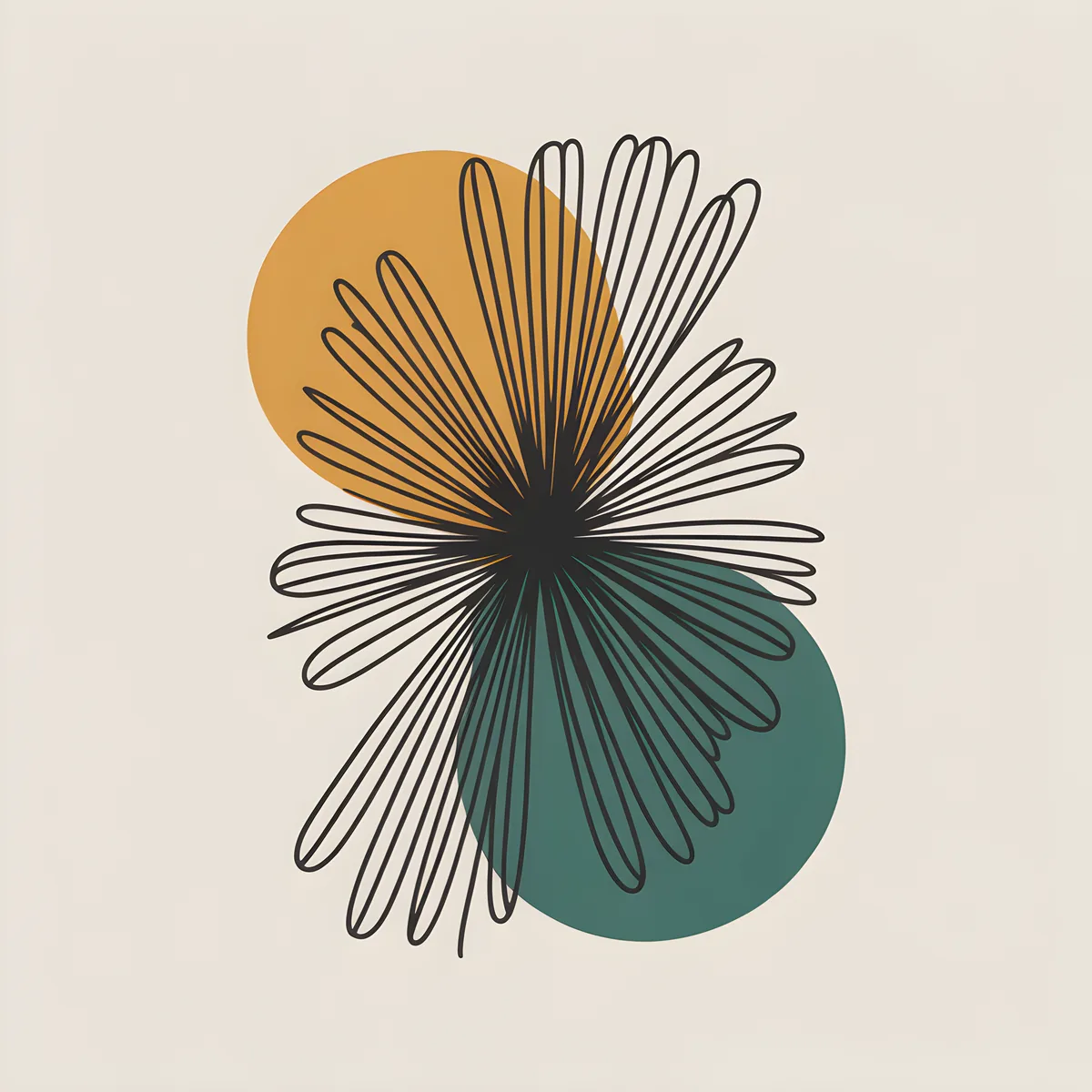 Abstract Flower Line Art with Golden & Teal Circles