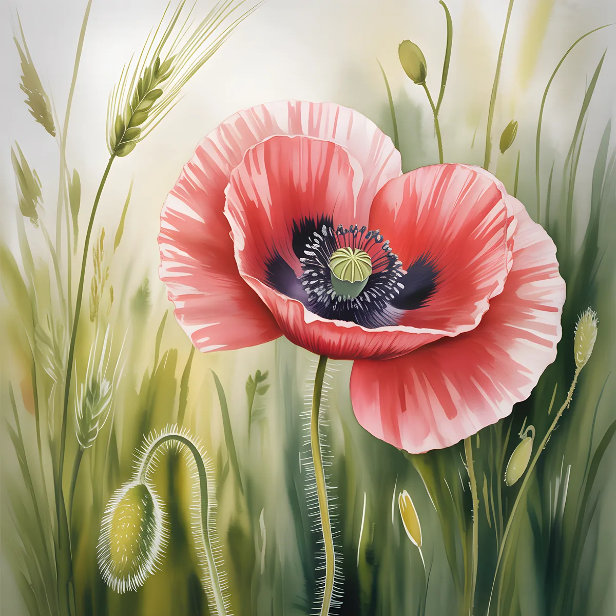 Red Poppy Watercolor Flower with Wheat Field Wall Art