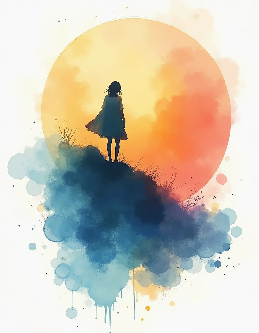 Girl Under Golden Sunset Watercolor Wall Art