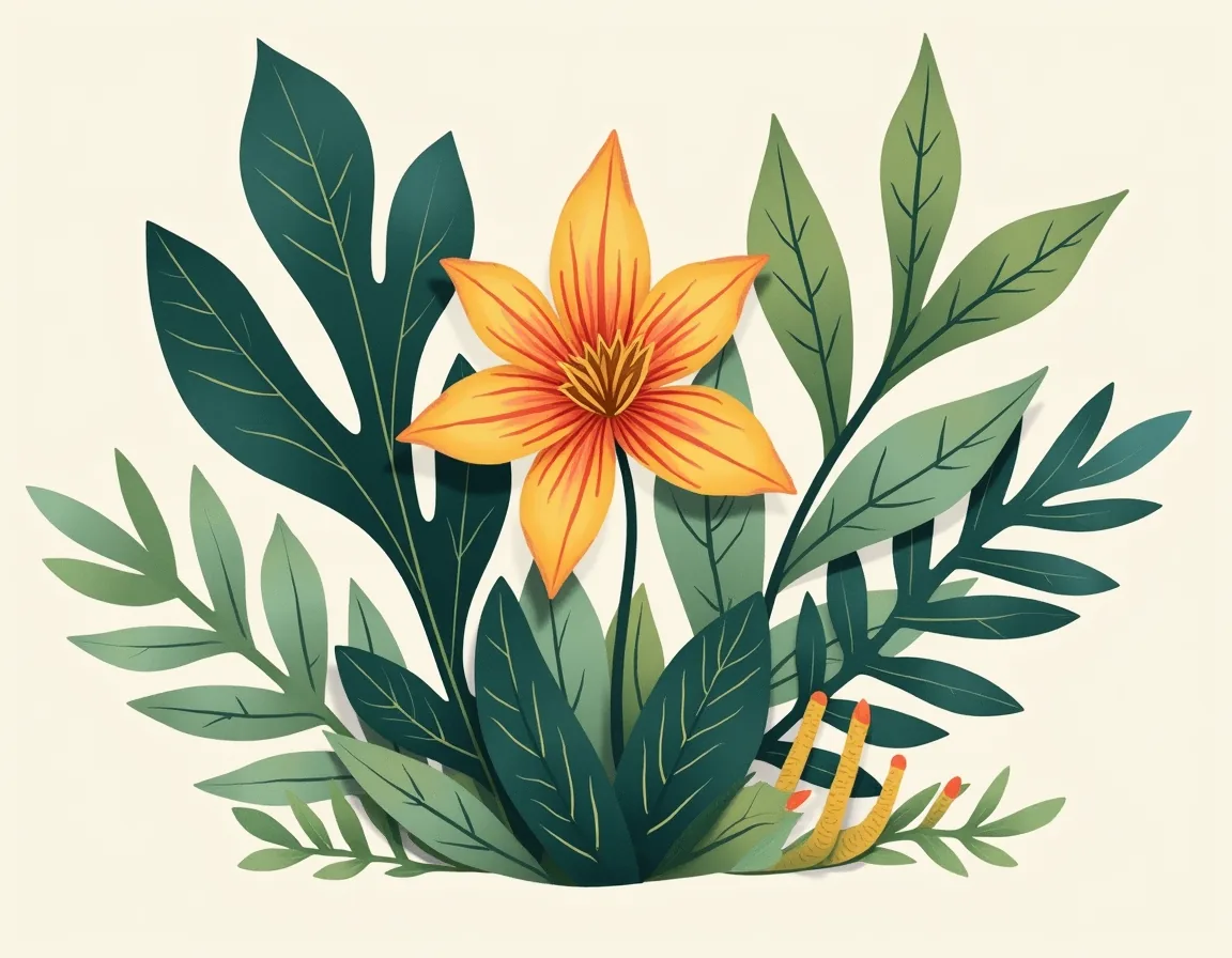 Botanical Orange Flower with Green Leaves Wall Art