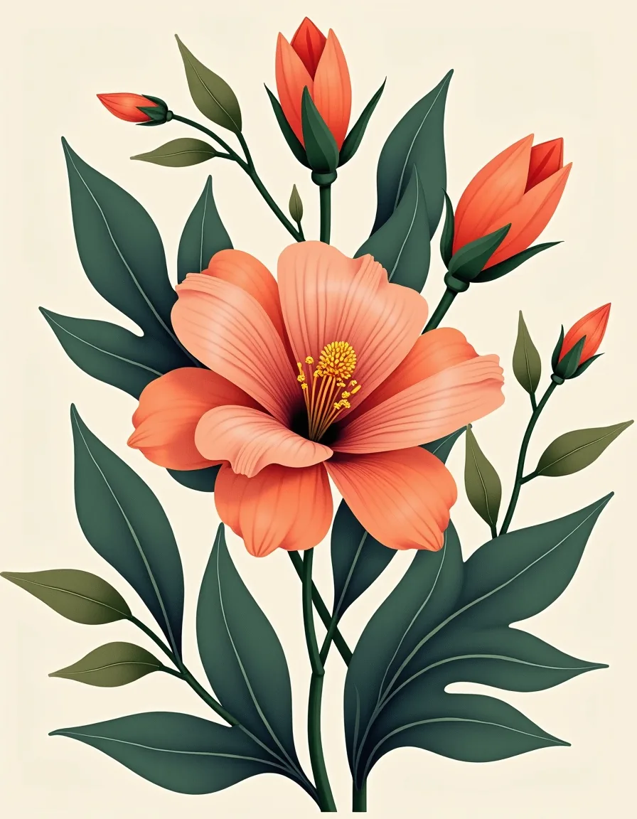 Coral Hibiscus Botanical Illustration Portrait Wall Art
