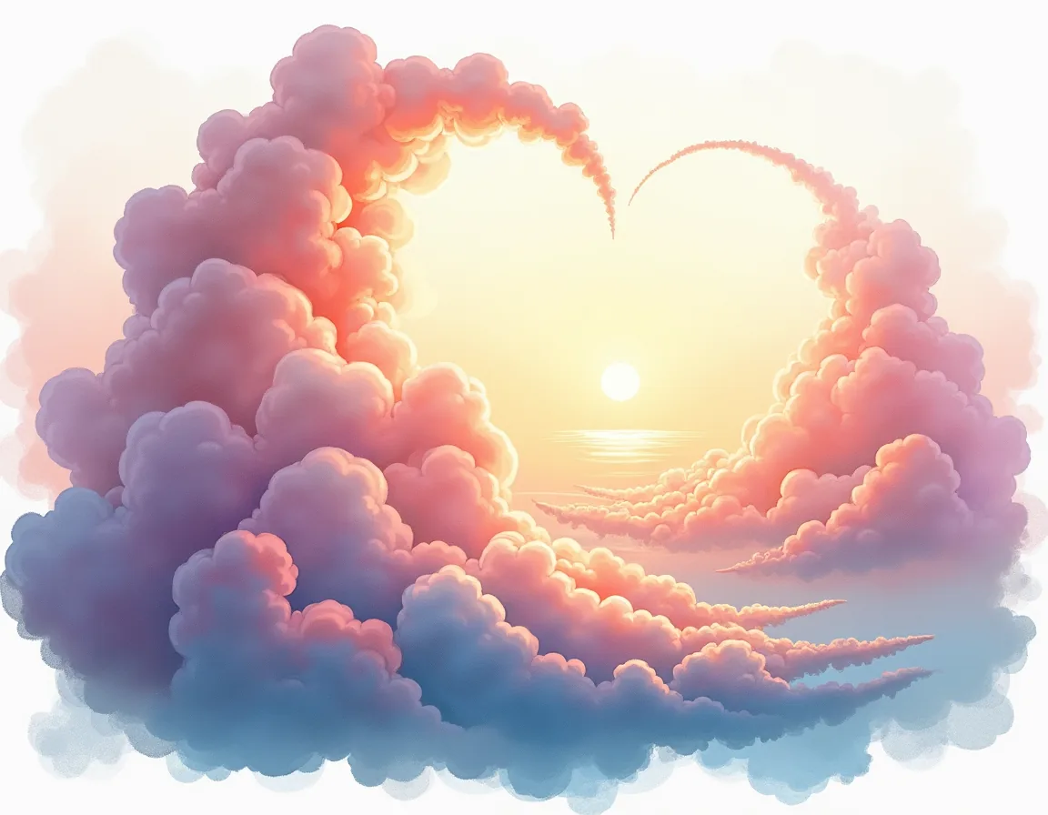 Sunset Heart Clouds Watercolor Landscape Wall Art