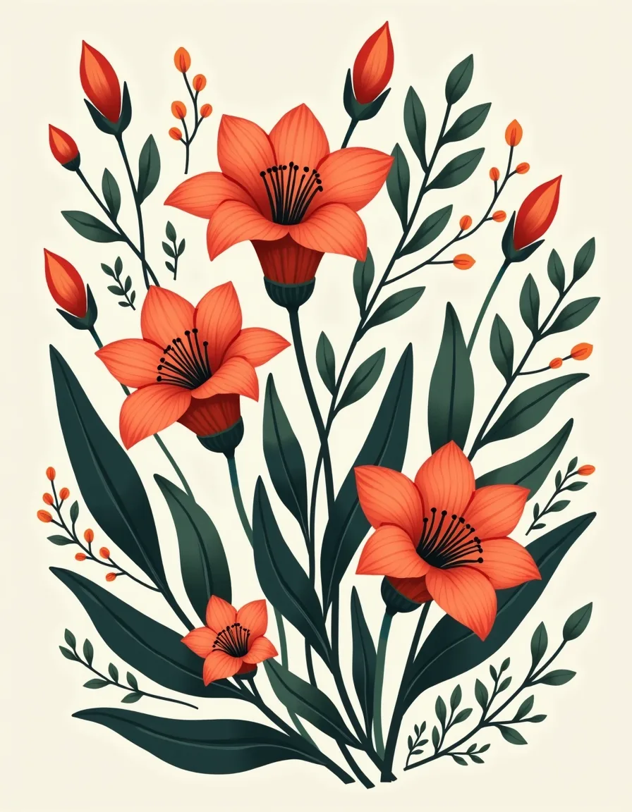 Red Flowers Botanical Illustration Portrait Wall Art
