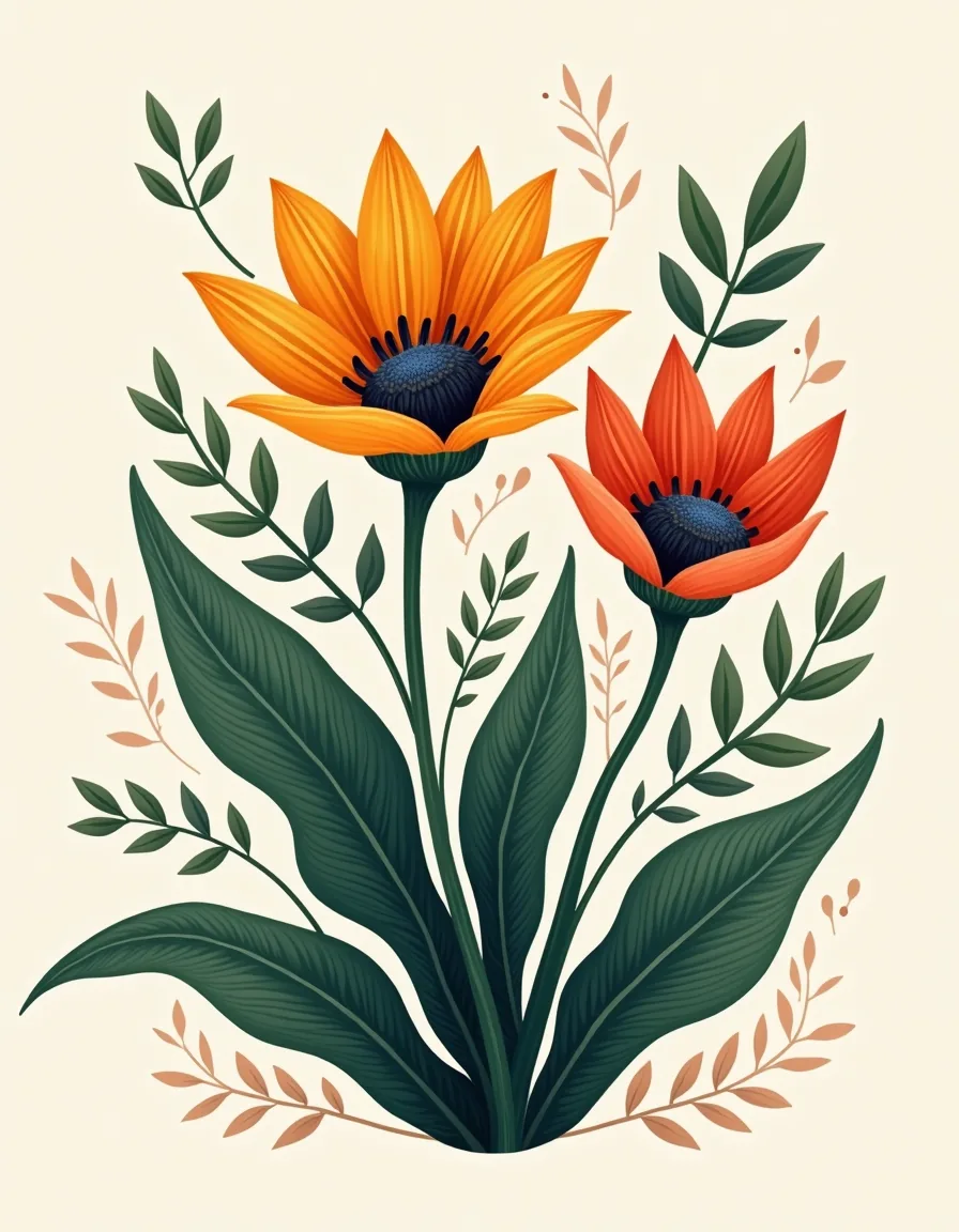 Orange Red Sunflowers Botanical Illustration Wall Art