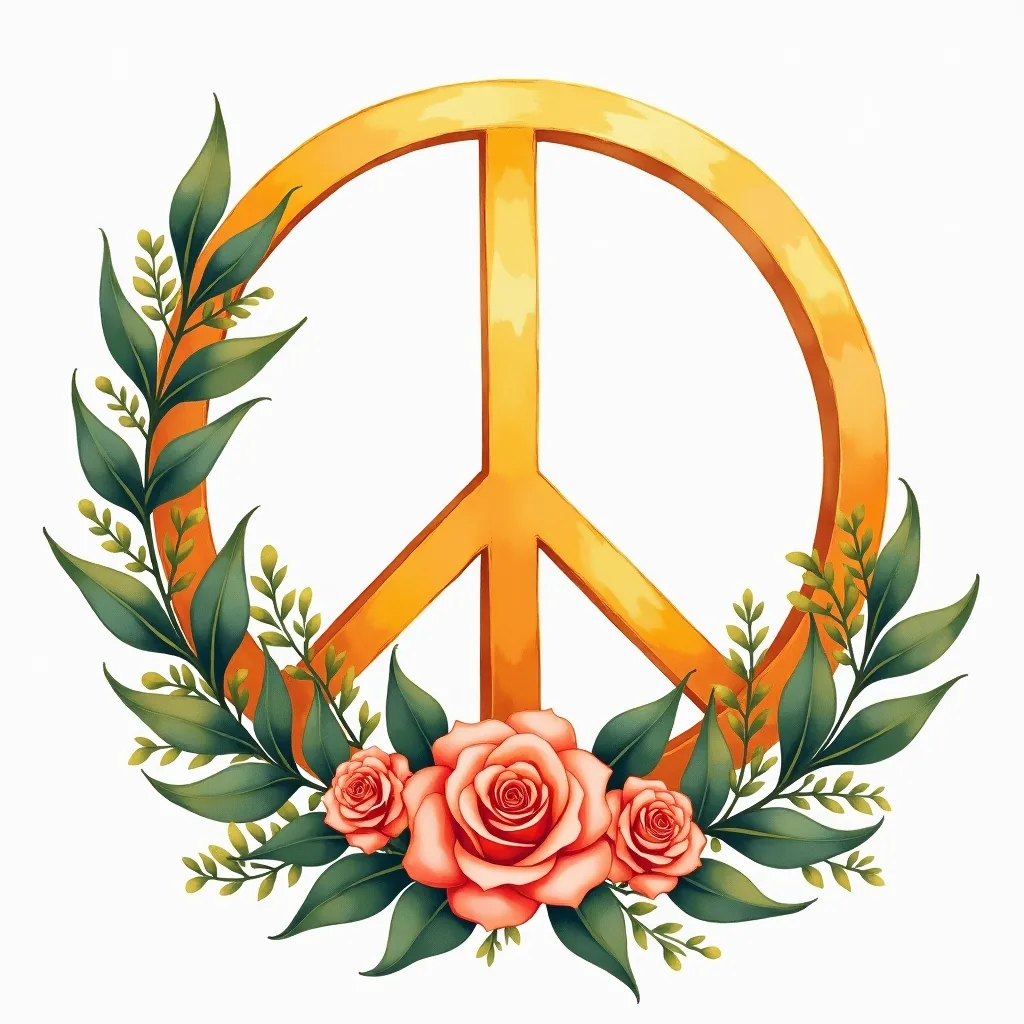 Golden Peace Sign with Roses Watercolor Wall Art