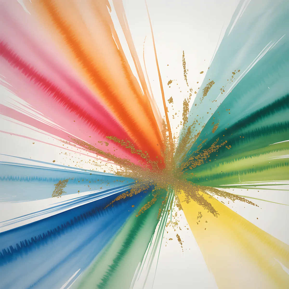 Rainbow Watercolor Burst with Gold Splatter Wall Art