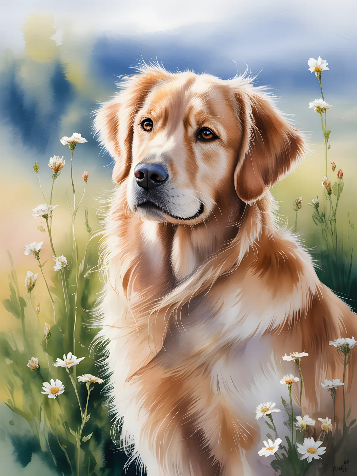 Golden Retriever in Wildflower Meadow Watercolor Wall Art