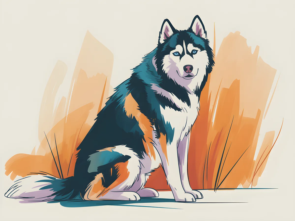 Abstract Husky Dog Portrait with Orange Brush Strokes Wall Art