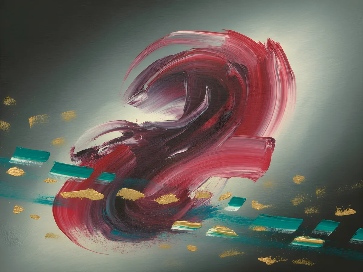 Red Abstract Swirl with Gold Accents Modern Wall Art