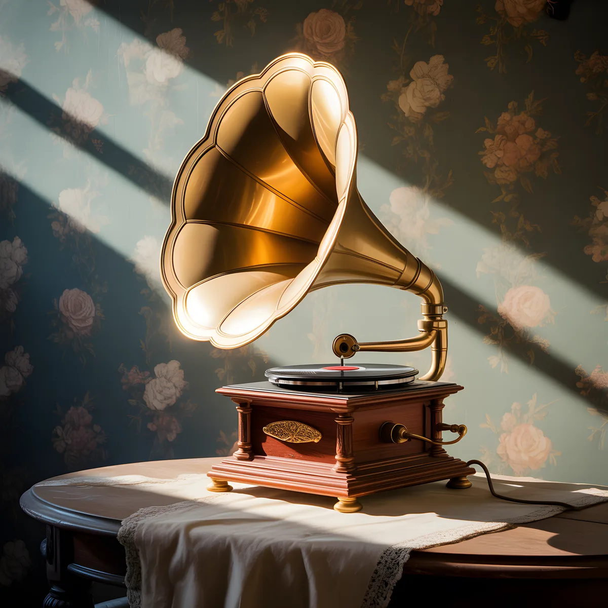 Vintage Gramophone Golden Horn Illustration Wall Art
