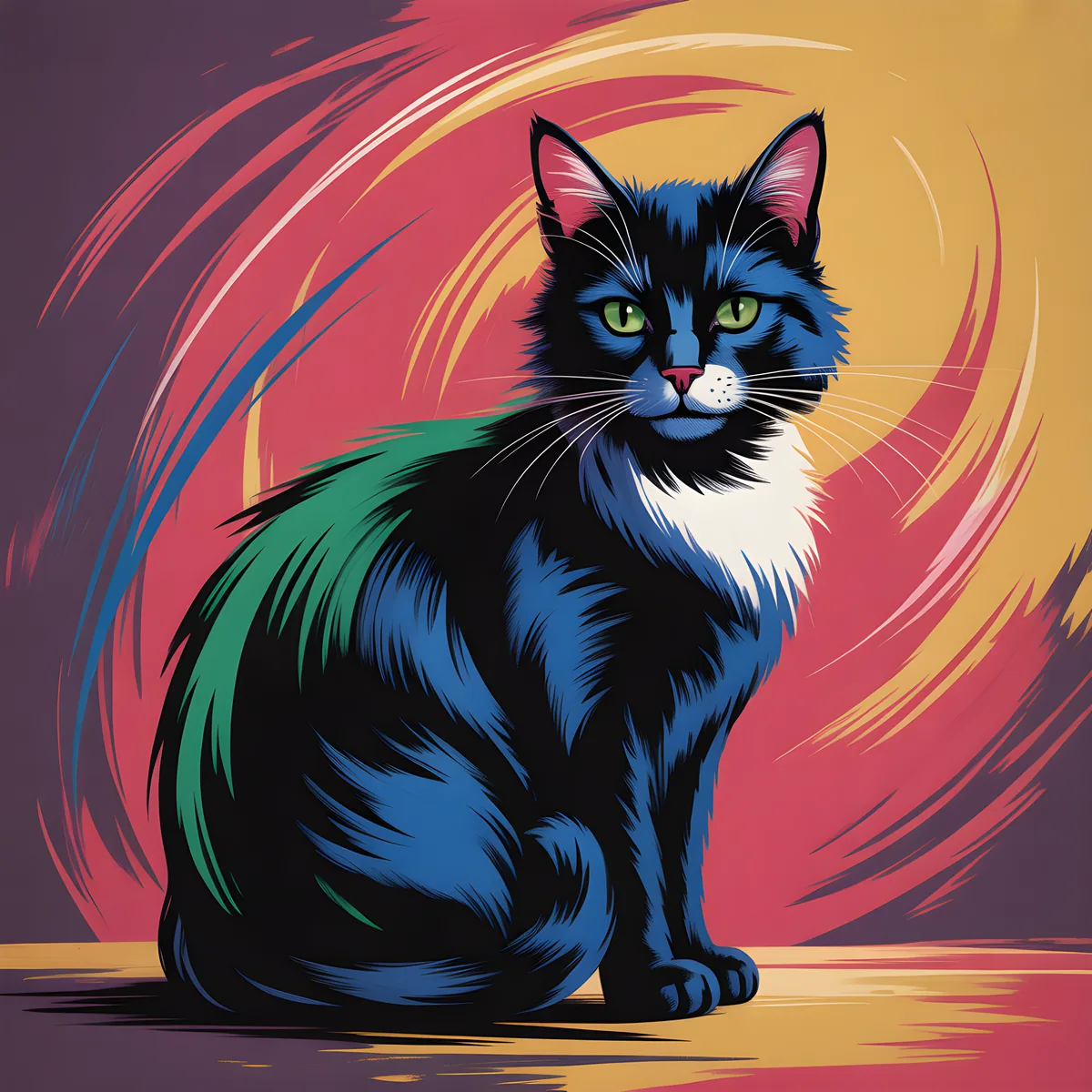 Colorful Abstract Cat Portrait with Green Eyes Wall Art