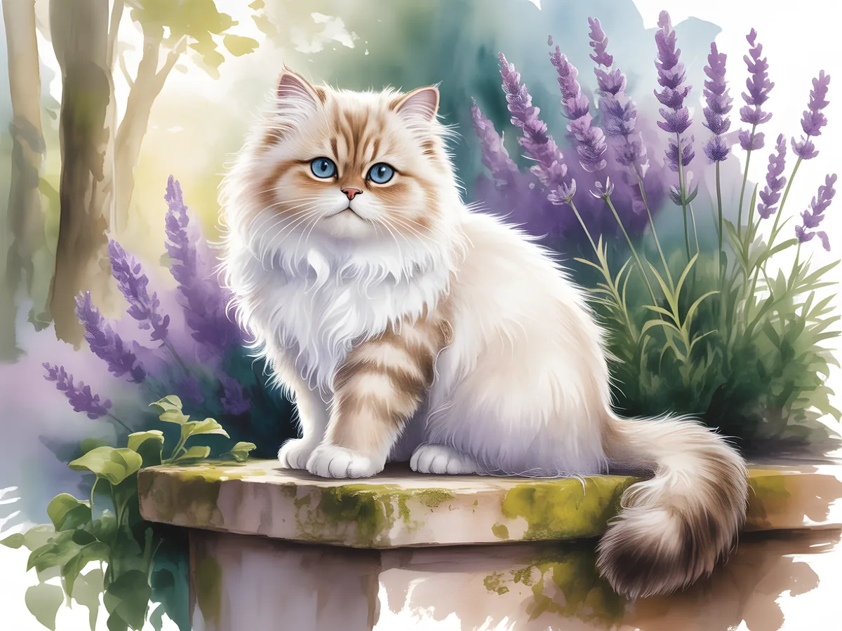 Fluffy Cat with Blue Eyes in Lavender Garden Watercolor Wall Art