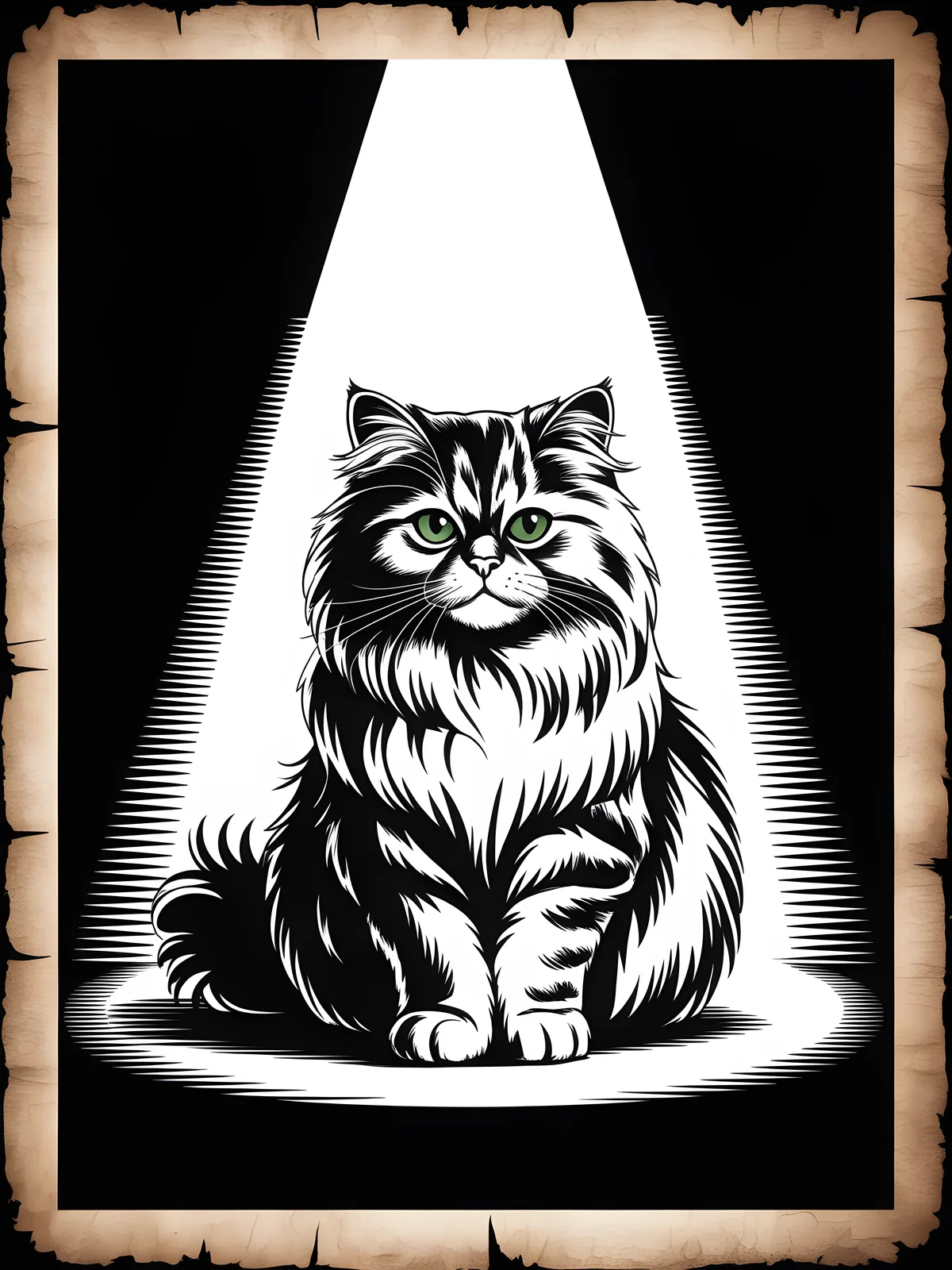Majestic Fluffy Cat Green Eyes Black & White Wall Art