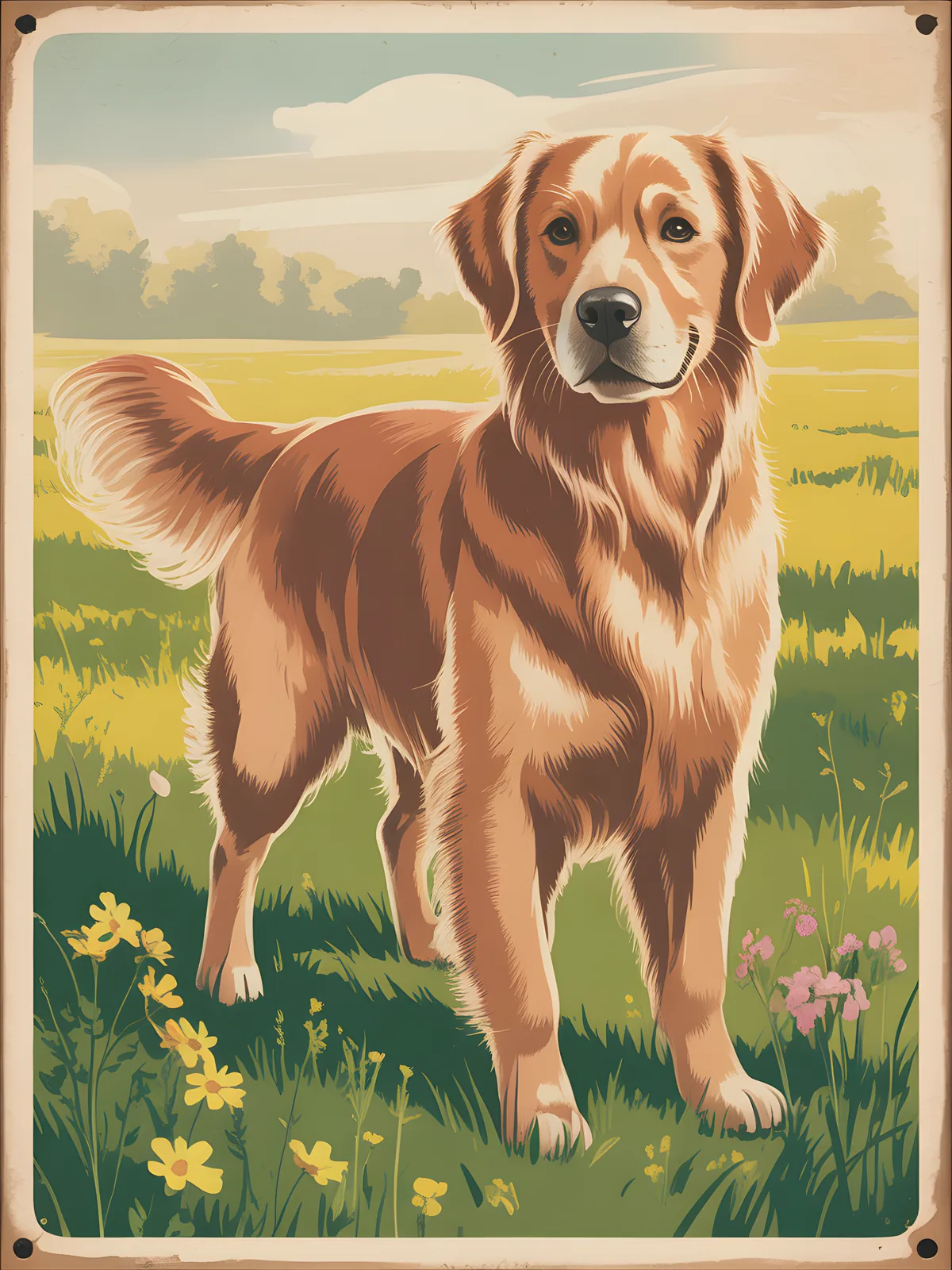 Brown and White Dog in Meadow - Vintage Wall Art