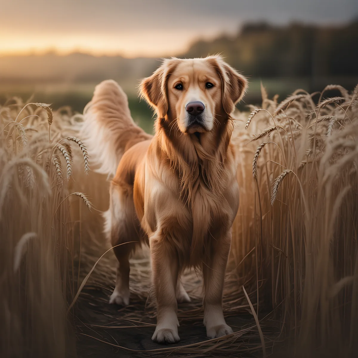 Golden Retriever in Wheat Field at Sunset Photography Wall Art